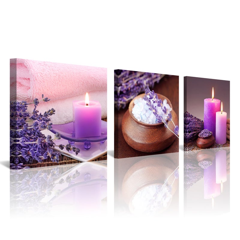 NAN Wind Zen Canvas Wall Art Spa Still Life With Purple Aromatherapy Candles And Zen Stone Aroma Lavender Flower Painting Pictures Print on Canvas Ready to Hang for Bathroom Decoration - Image 1